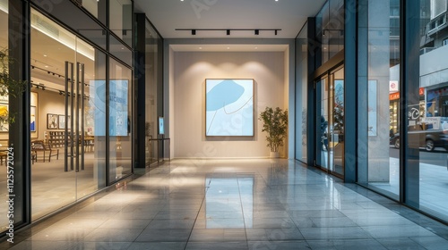 Modern building interior hallway with artwork.