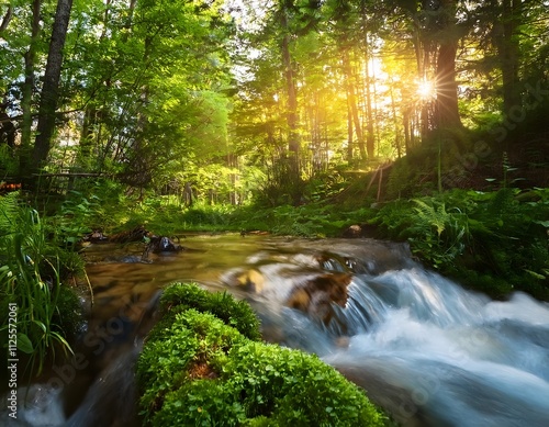 Forest Stream with Sunlight and Moss