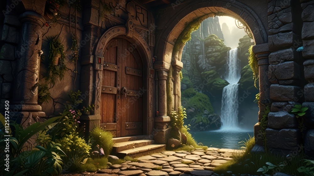 Ancient stone doorway leading to a lush, waterfall-filled valley. Sunlight streams through an arched passage. Ancient stone doorway leading to a lush, waterfall-filled valley. Sunlight streams through an arched passage.