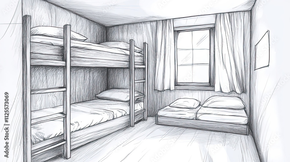 Sketch of a small bedroom with bunk beds and a double bed Sketch of a small bedroom with bunk beds and a double bed