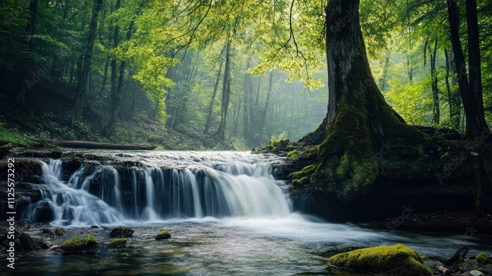 Fototapeta premium Enchanted Waterfall in Lush Green Forest