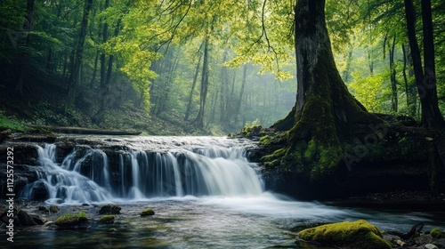 Enchanted Waterfall in Lush Green Forest