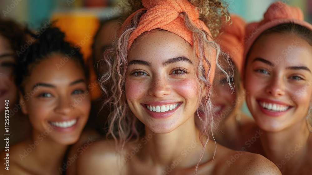 Group of women wearing towels as headscarves, possibly for a sports or wellness event Group of women wearing towels as headscarves, possibly for a sports or wellness event
