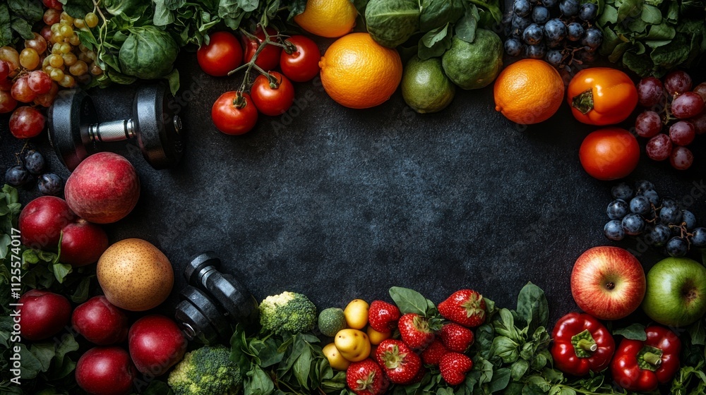 Arrangement of fresh fruits and vegetables with dumbbells on dark background. Arrangement of fresh fruits and vegetables with dumbbells on dark background.