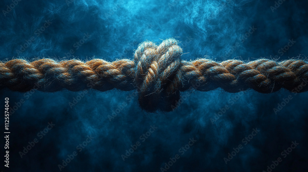 close-up of a fraying rope breaking in the middle, held tightly by two opposing hands. Symbolizes conflict, tension, division, struggle, resilience, or the breaking point in relationships