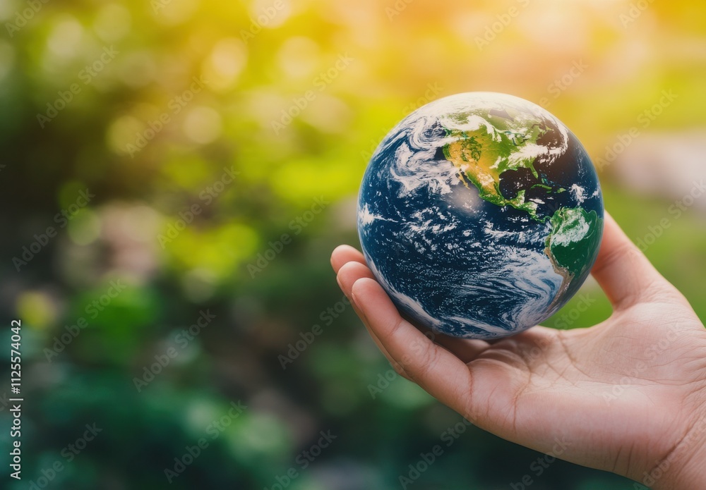 Hand Holding a Small Earth Globe Surrounded by Lush Green Background Symbolizing Environmental Awareness and Global Responsibility in Nature Hand Holding a Small Earth Globe Surrounded by Lush Green Background Symbolizing Environmental Awareness and Global Responsibility in Nature
