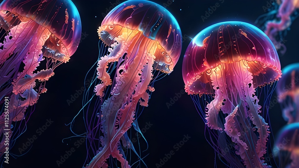 Jellyfish glowing in blue, pink, and purple colours Jellyfish glowing in blue, pink, and purple colours