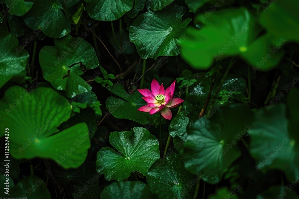 A single pink flower sits on the top of a lush green plant, surrounded by leaves and stems A single pink flower sits on the top of a lush green plant, surrounded by leaves and stems