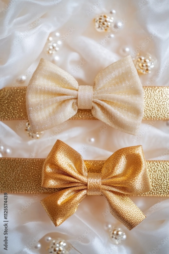 A pair of luxurious gold bow ties placed on a white cloth, perfect for formal events or as a decorative accessory A pair of luxurious gold bow ties placed on a white cloth, perfect for formal events or as a decorative accessory
