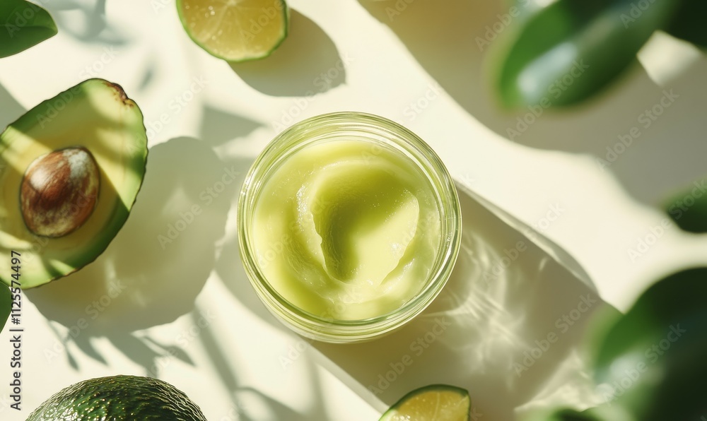 Fresh avocado and jojoba oil in glass jar, surrounded by natural ingredients, bright clean aesthetic, natural beauty Fresh avocado and jojoba oil in glass jar, surrounded by natural ingredients, bright clean aesthetic, natural beauty
