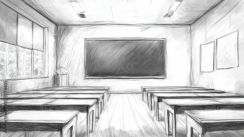 Sketch of an Empty Classroom with Desks and Blackboard photo