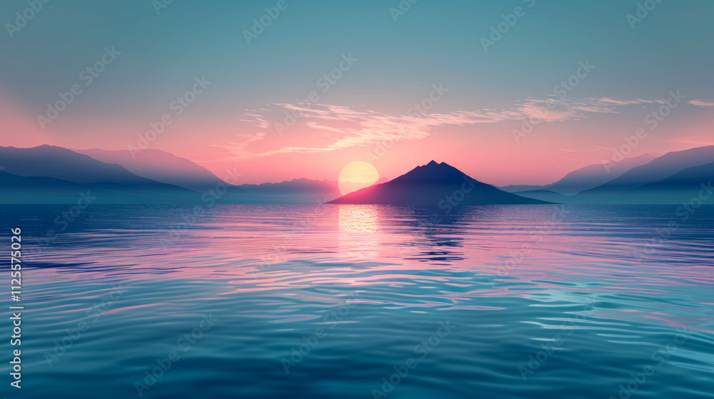 Serene sunset over mountainous island reflecting on calm sea Serene sunset over mountainous island reflecting on calm sea