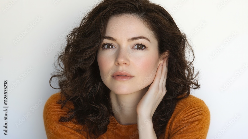 A woman with brown hair and a yellow sweater is posing for a picture. She has a slight smile on her face and her hand is resting on her chin. Concept of warmth and comfort A woman with brown hair and a yellow sweater is posing for a picture. She has a slight smile on her face and her hand is resting on her chin. Concept of warmth and comfort