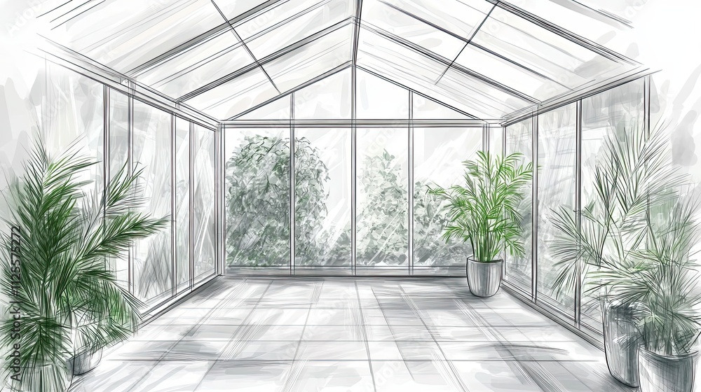 Glass Conservatory Design Sketch Showing Plants and Floor Tiles Glass Conservatory Design Sketch Showing Plants and Floor Tiles