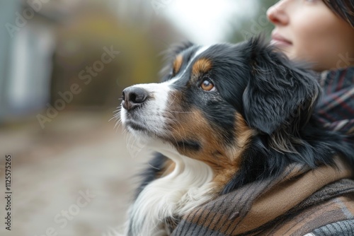 A close-up shot of a person holding a dog in their arms photo