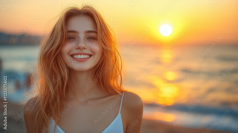 A woman with long red hair is smiling at the camera on a beach. The sun is setting in the background, creating a warm and inviting atmosphere A woman with long red hair is smiling at the camera on a beach. The sun is setting in the background, creating a warm and inviting atmosphere