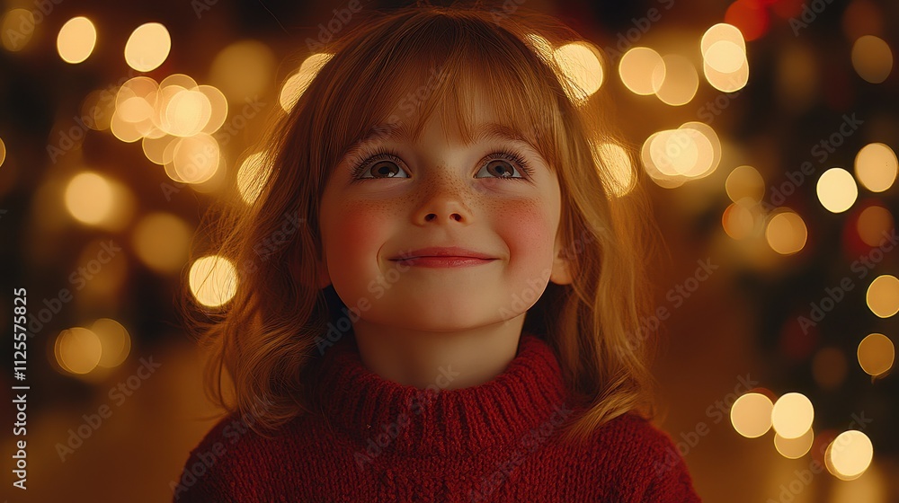 A young girl wearing a red sweater is smiling and looking up at the camera. The image has a warm and cheerful mood, with the girl's bright smile and the red sweater adding to the festive atmosphere A young girl wearing a red sweater is smiling and looking up at the camera. The image has a warm and cheerful mood, with the girl's bright smile and the red sweater adding to the festive atmosphere