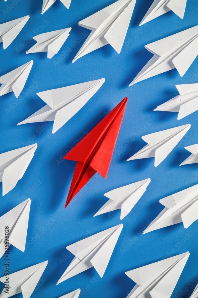 A single red paper airplane amidst multiple white paper airplanes, perfect for illustrations or designs related to creativity, imagination, and fun A single red paper airplane amidst multiple white paper airplanes, perfect for illustrations or designs related to creativity, imagination, and fun