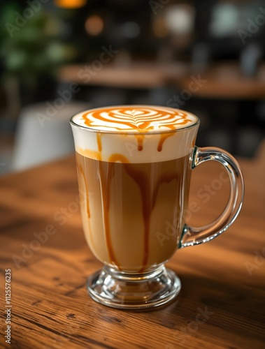 Caramel macchiato with caramel swirl in vintage glass mug