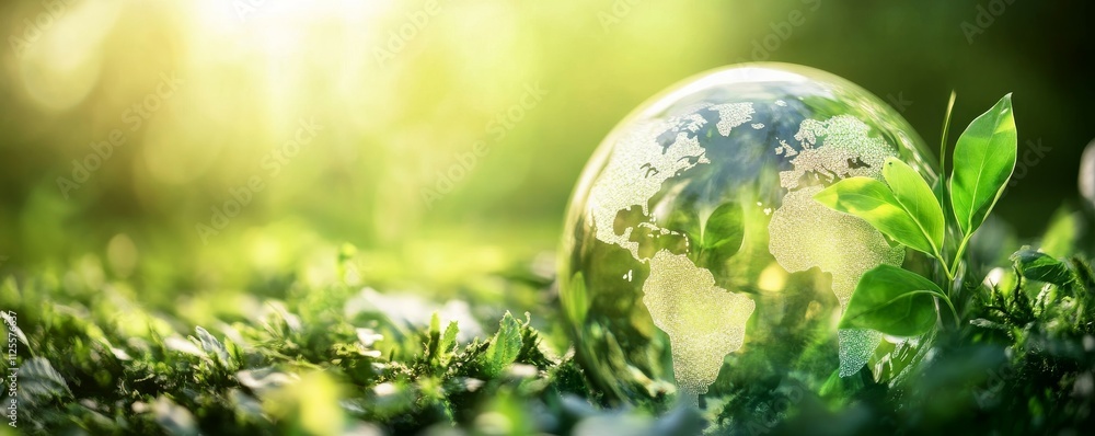 Digital globe with green plant icons, symbolizing global growth in sustainable business and environmental awareness Digital globe with green plant icons, symbolizing global growth in sustainable business and environmental awareness