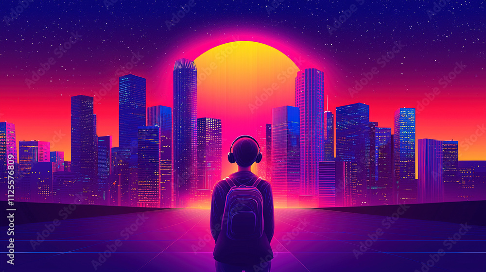 Young man wearing headphones looking at retro futuristic cityscape Young man wearing headphones looking at retro futuristic cityscape