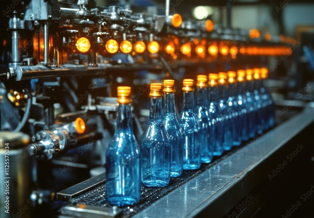 Industrial Bottling Line with Glass Bottles and Automation Process in a Beverage Factory, Showcasing Manufacturing Technology and Production Efficiency Industrial Bottling Line with Glass Bottles and Automation Process in a Beverage Factory, Showcasing Manufacturing Technology and Production Efficiency