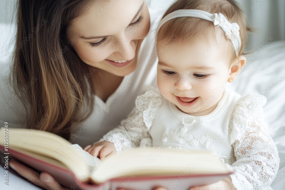 Mother reads to infant with love and care Mother reads to infant with love and care