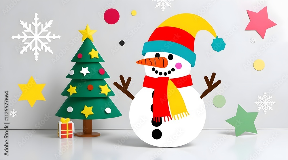 colorful snowman and christmas tree illustration colorful snowman and christmas tree illustration