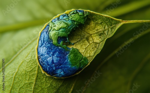 Leaf with Earth Painting, Symbolizing Environmental Awareness and Nature Conservation, Focus on Leaf Texture and Colorful Globe Representation photo