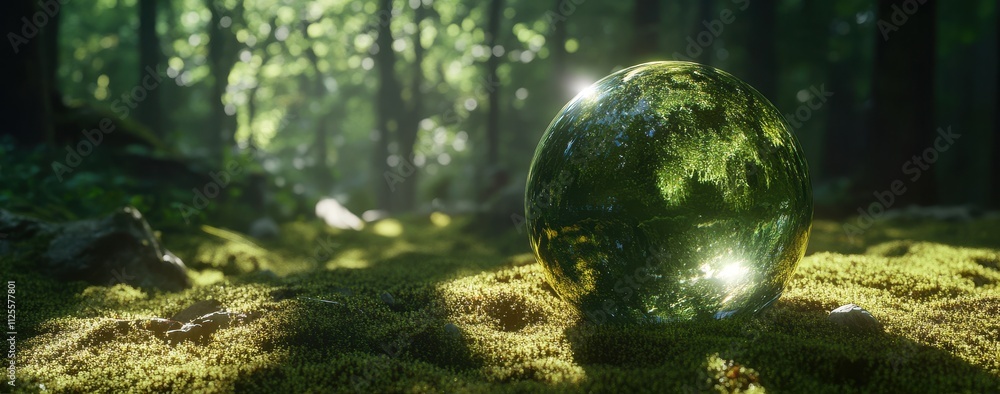Luminous Green Glass Sphere on Mossy Forest Floor with Ethereal Light Play and Vibrant Natural Background for Serenity and Tranquility Illustrations Luminous Green Glass Sphere on Mossy Forest Floor with Ethereal Light Play and Vibrant Natural Background for Serenity and Tranquility Illustrations