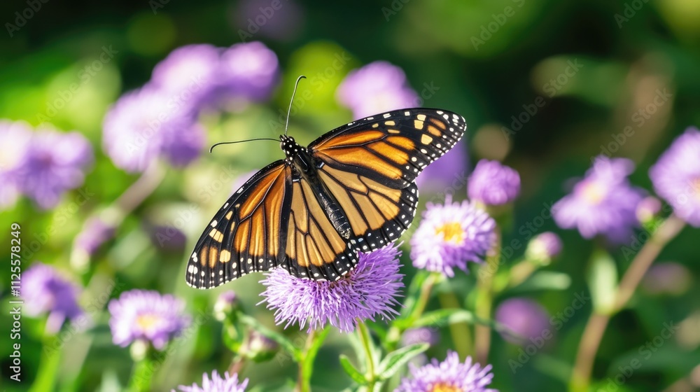 Fototapeta premium A monarch butterfly perched on a vibrant purple flower, ideal for use in illustrations or designs related to nature, wildlife, and conservation