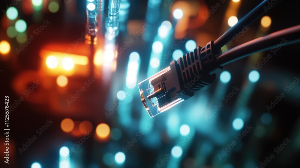 A close-up view of a cable with lights in the background, suitable for use in technical or educational contexts A close-up view of a cable with lights in the background, suitable for use in technical or educational contexts