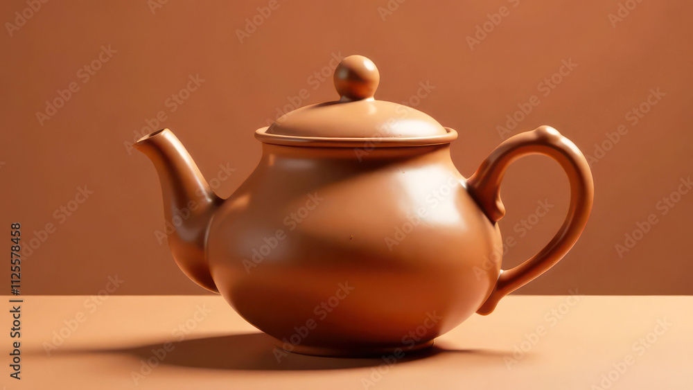 Elegant brown ceramic teapot on warm tan background, mocha mousse Elegant brown ceramic teapot on warm tan background, mocha mousse