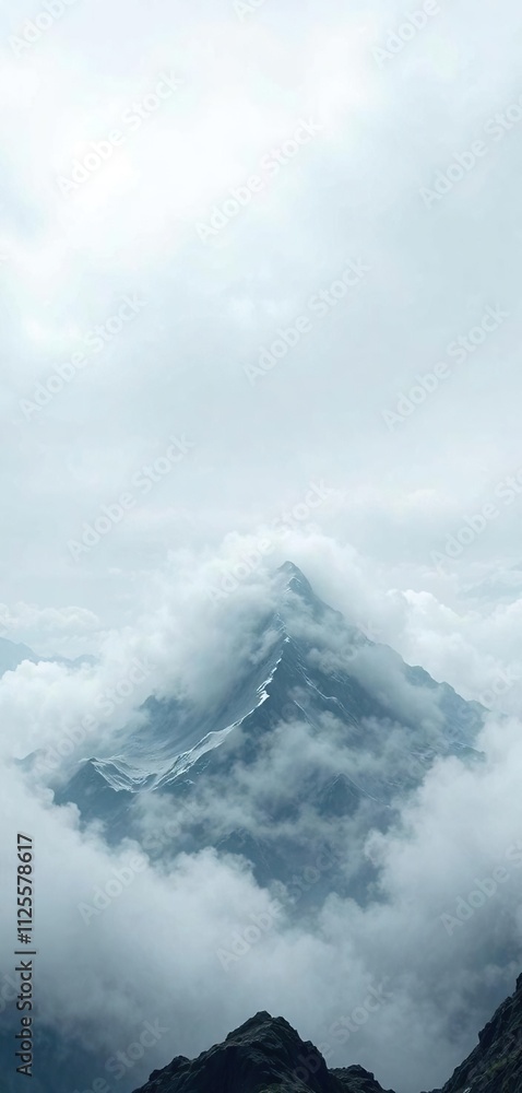 The summit of a mountain peak shrouded in clouds under a gray sky , isolated, serene The summit of a mountain peak shrouded in clouds under a gray sky , isolated, serene