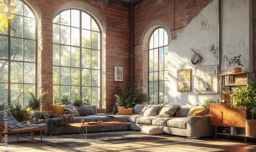spacious open-plan living room with high ceilings large windows and modern furniture stylish interior design spacious open-plan living room with high ceilings large windows and modern furniture stylish interior design