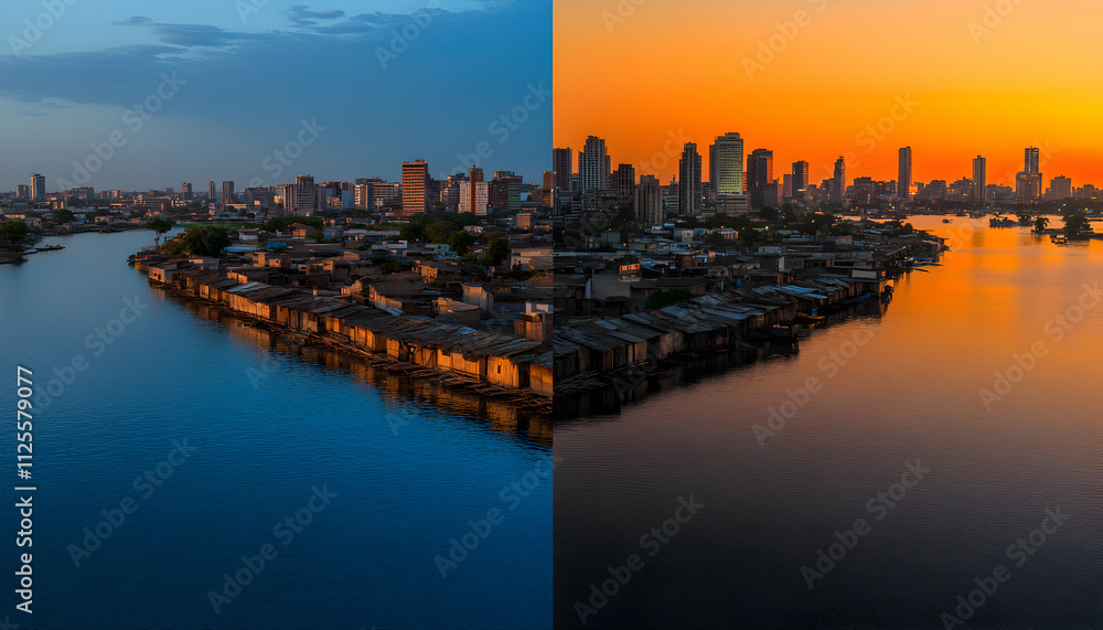 Fototapeta premium Stunning split image showcasing a vibrant city skyline at sunrise/sunset, contrasted with a tranquil waterfront slum. A captivating view of urban development juxtaposed with humble dwellings.