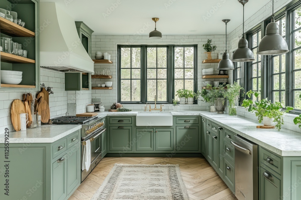 Fototapeta premium Farmhouse kitchen with green cabinets, white subway tile backsplash, and marble countertops.