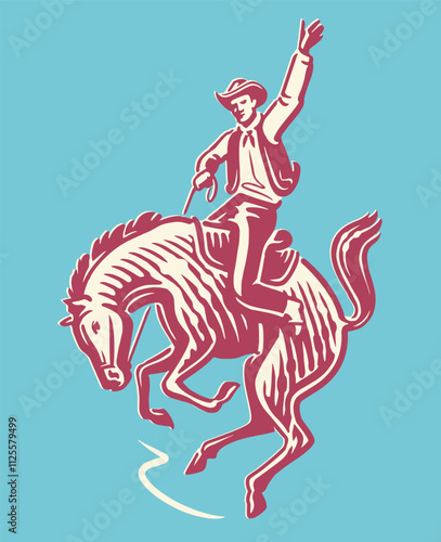 Cowboy rides bucking stallion in rodeo arena. Competition, extreme sport emblem, vector illustration