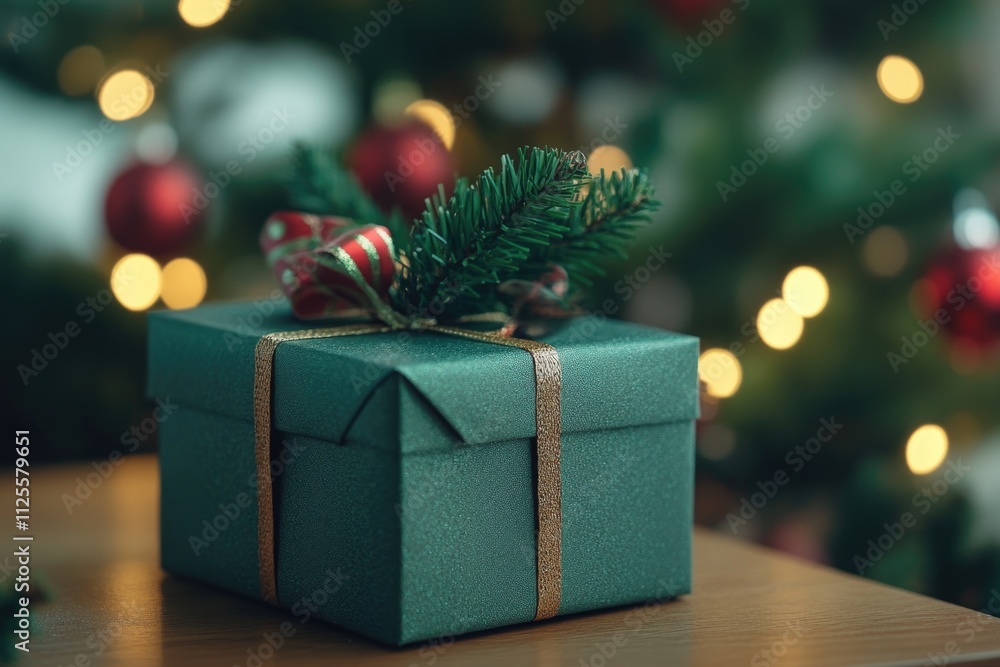 A wrapped Christmas gift sitting on top of a wooden table, ready to be given or received A wrapped Christmas gift sitting on top of a wooden table, ready to be given or received
