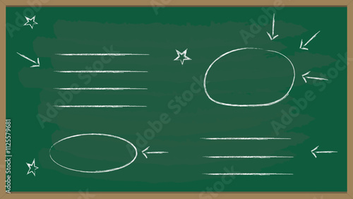 Green blackboard with white chalk-drawn shapes, arrows, lines, and stars, representing a classroom or brainstorming concept