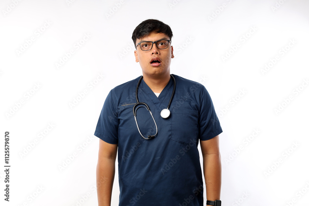 Impressed and surprised asian male nurse in scrubs drop jaw and stare at camera speechless, looking amazed over white background Impressed and surprised asian male nurse in scrubs drop jaw and stare at camera speechless, looking amazed over white background