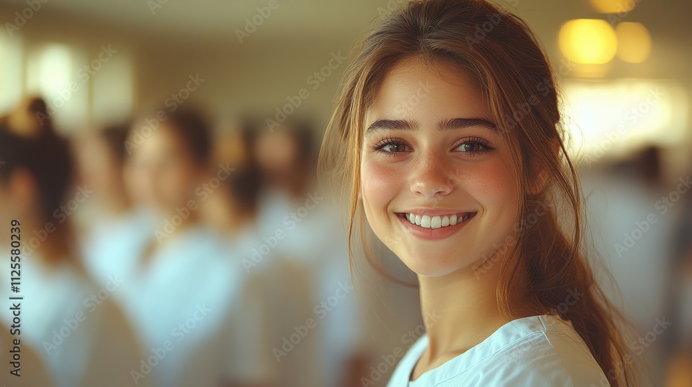 A girl with long hair is smiling at the camera. She is surrounded by other people, but she is the main focus of the image A girl with long hair is smiling at the camera. She is surrounded by other people, but she is the main focus of the image