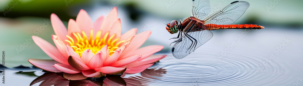 Fototapeta premium Animal kingdom rendering. dragonfly hovering over tranquil pond with pink lotus flower, creating serene and peaceful atmosphere. reflection in water adds to beauty of nature