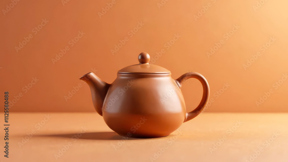 Elegant brown ceramic teapot on warm orange background, mocha mousse Elegant brown ceramic teapot on warm orange background, mocha mousse
