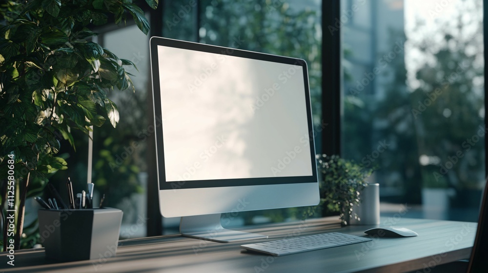 Fototapeta premium Modern Desktop Computer Workspace With Plants