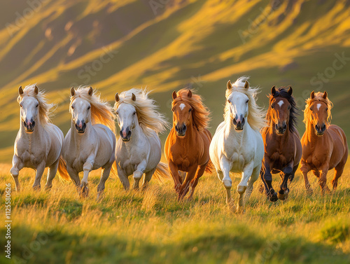 Animal kingdom rendering. Galloping wild horses run through grassy plain, showcasing their strength and beauty in golden light of sunset. Their flowing manes create stunning visual display