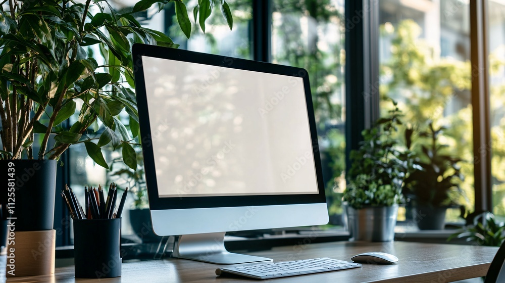 Modern Workspace With Computer And Plants Modern Workspace With Computer And Plants