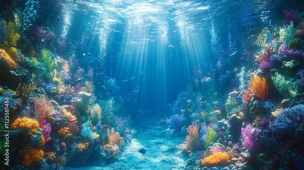 Fototapeta premium mesmerizing underwater scene showcasing the vastness of the deep sea. The sunlight pierces the azure abyss, symbolizing hope, mystery, and the unknown in a serene aquatic realm