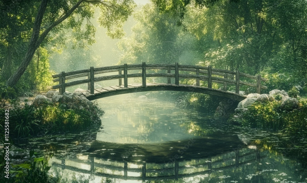 Fototapeta premium rustic wooden bridge crossing over a tranquil river surrounded by lush forest peaceful landscape