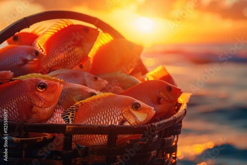 Fresh catch of fish sitting on a beach, possibly for sale or consumption photo